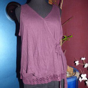 DIP BURGUNDY WINE HIPPY BOHO FAIRY WRAP TANK TOP SHIRT LACE HEM XL